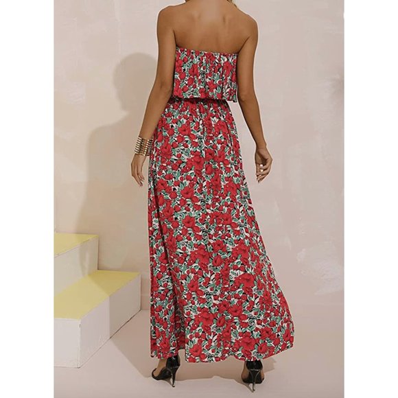 Boho Red Floral Printed Ruffle Strapless Flowy Long Summer Maxi Dress - Picture 4 of 6